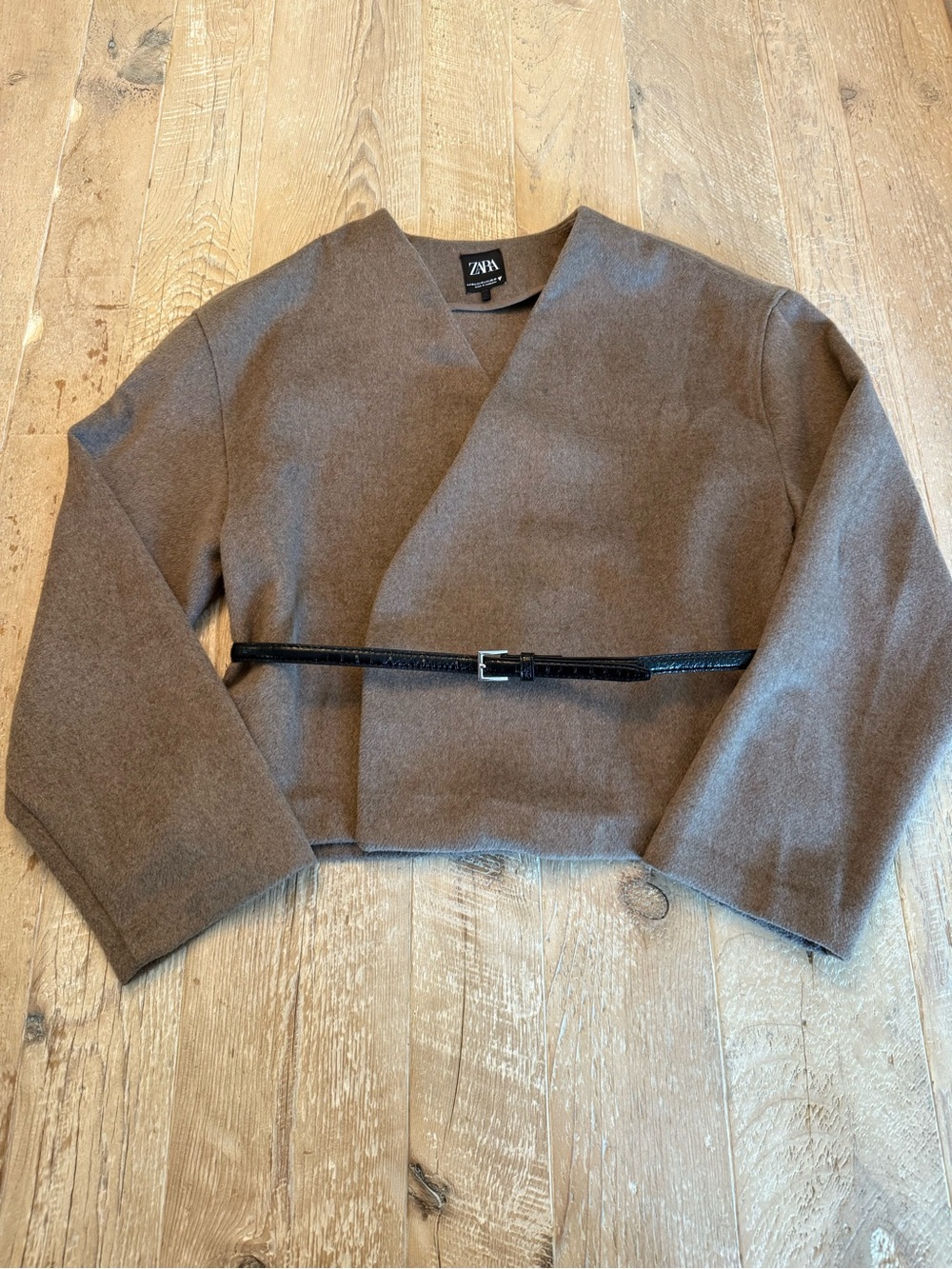 Zara Brown Cropped Wool-Blend Blazer with Black Belt